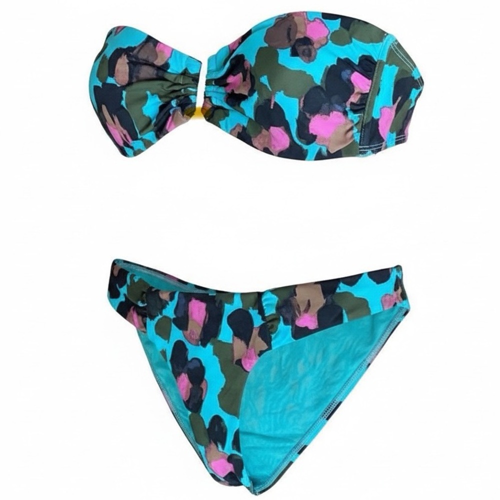 Touche Printed Bandeau Bikini Gold Hardware, Watercolor Aqua Magenta Size Medium